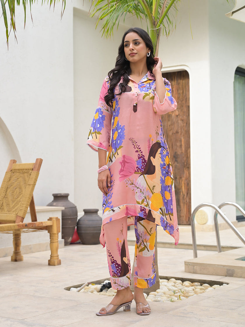 Divena Pink Multi Digital Printed Muslin Co-ord set