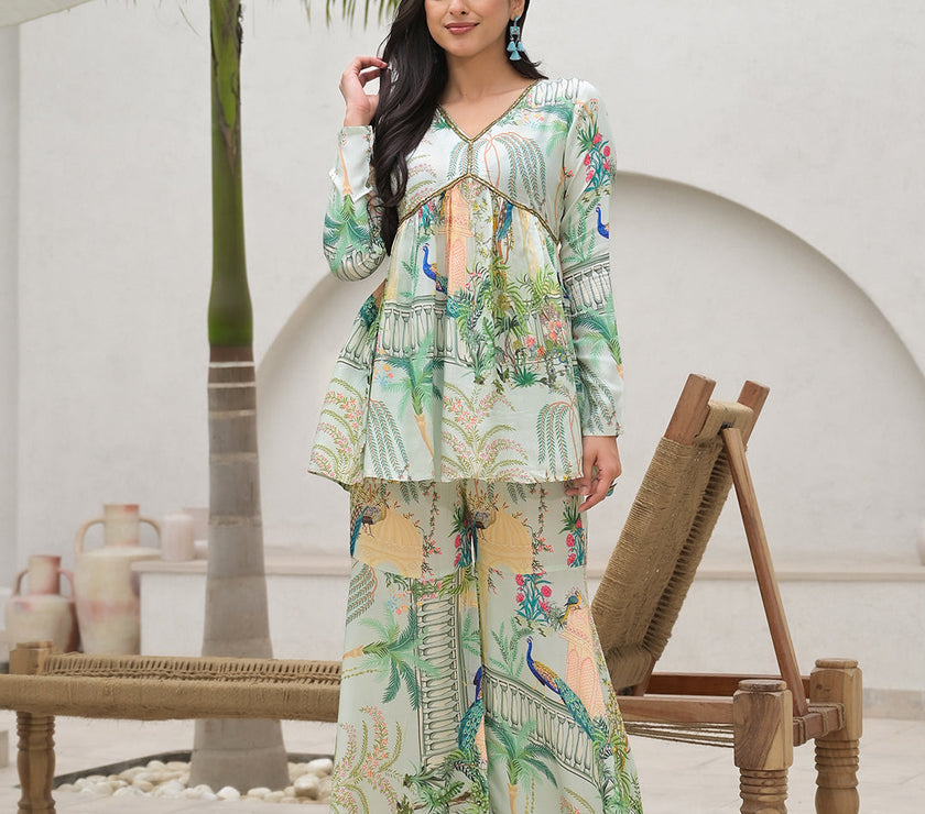 Divena Green Digital Printed Muslin Co-ord set