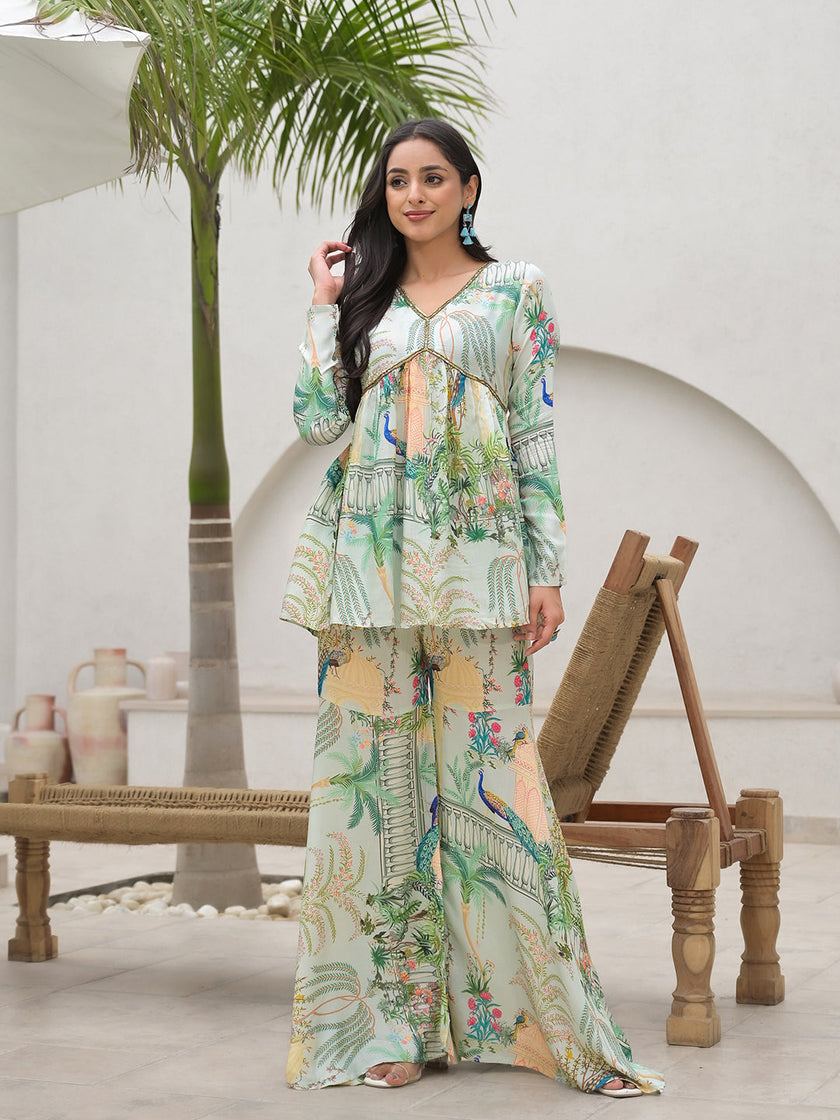 Divena Green Digital Printed Muslin Co-ord set