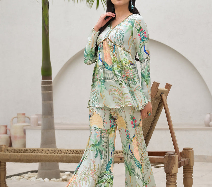 Divena Green Digital Printed Muslin Co-ord set