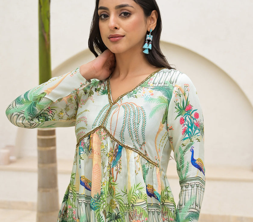 Divena Green Digital Printed Muslin Co-ord set