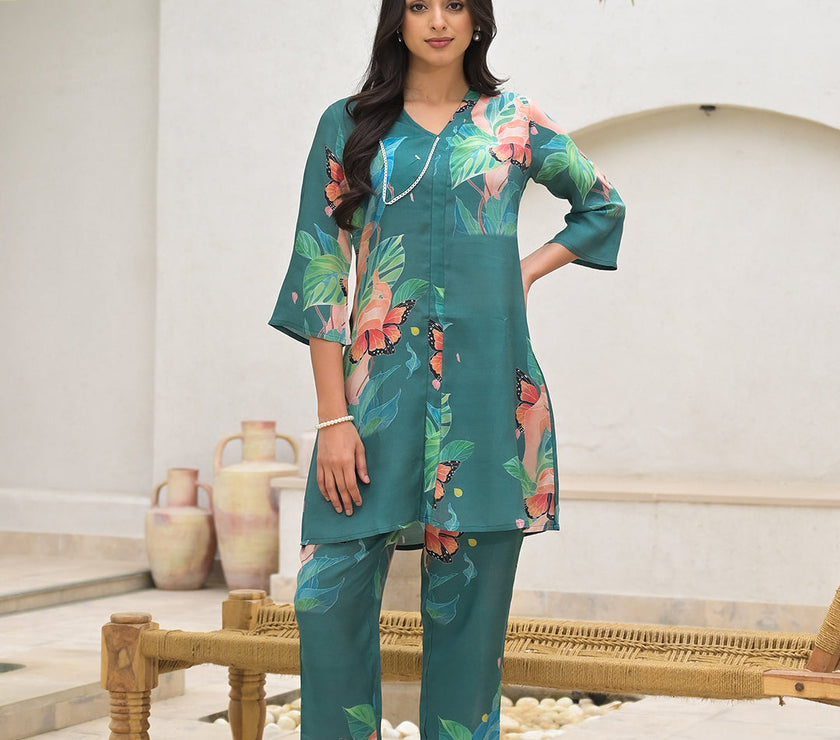 Divena Dark Green Digital Printed Muslin Co-ord set