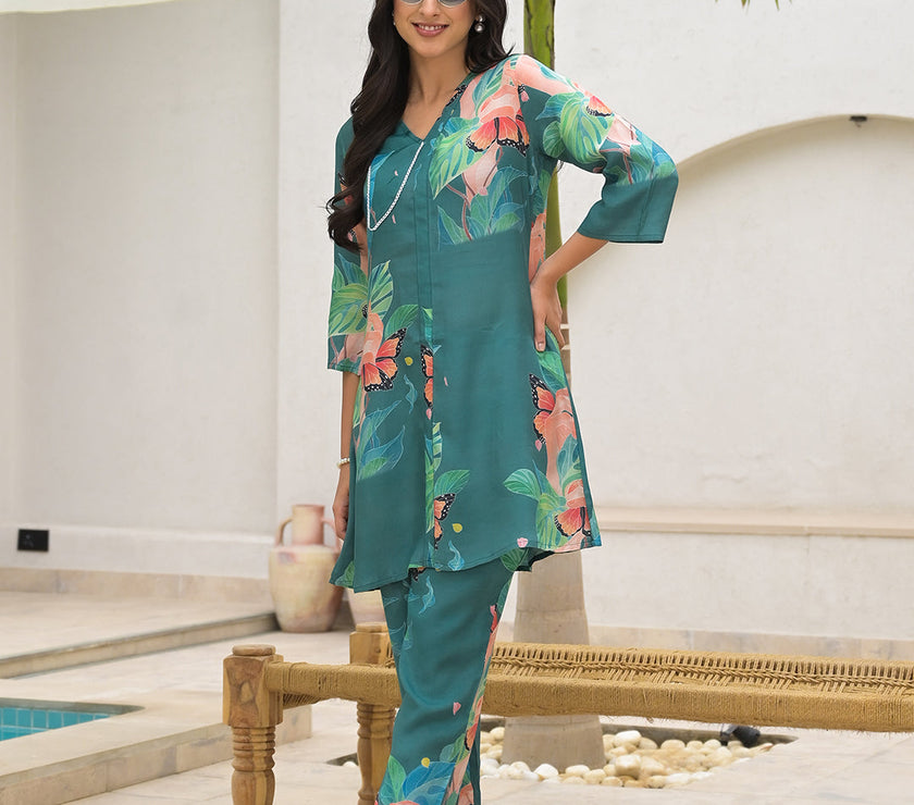 Divena Dark Green Digital Printed Muslin Co-ord set