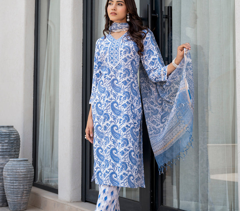 Divena Sky Blue HandBlock Floral Print Kurta Pant Dupatta Set