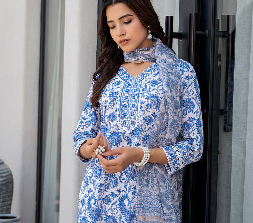 Divena Sky Blue HandBlock Floral Print Kurta Pant Dupatta Set