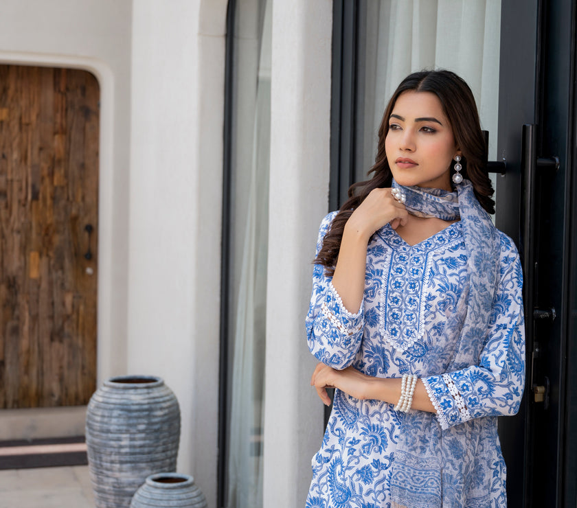 Divena Sky Blue HandBlock Floral Print Kurta Pant Dupatta Set