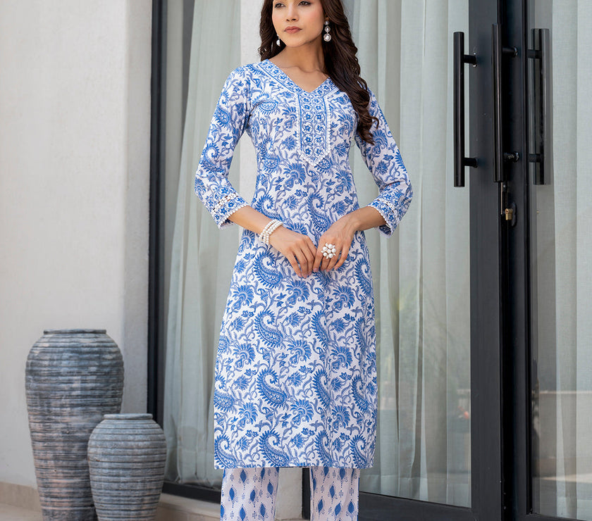 Divena Sky Blue HandBlock Floral Print Kurta Pant Dupatta Set