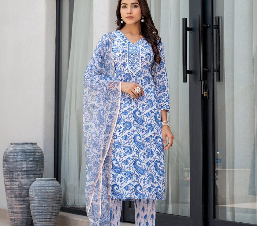 Divena Sky Blue HandBlock Floral Print Kurta Pant Dupatta Set