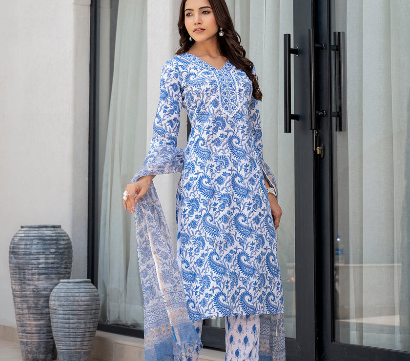 Divena Sky Blue HandBlock Floral Print Kurta Pant Dupatta Set