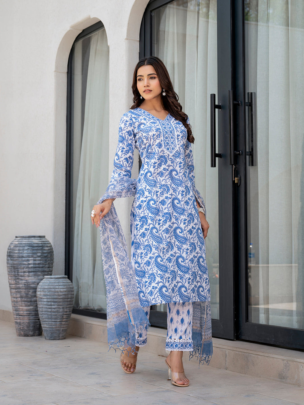 Divena Sky Blue HandBlock Floral Print Kurta Pant Dupatta Set