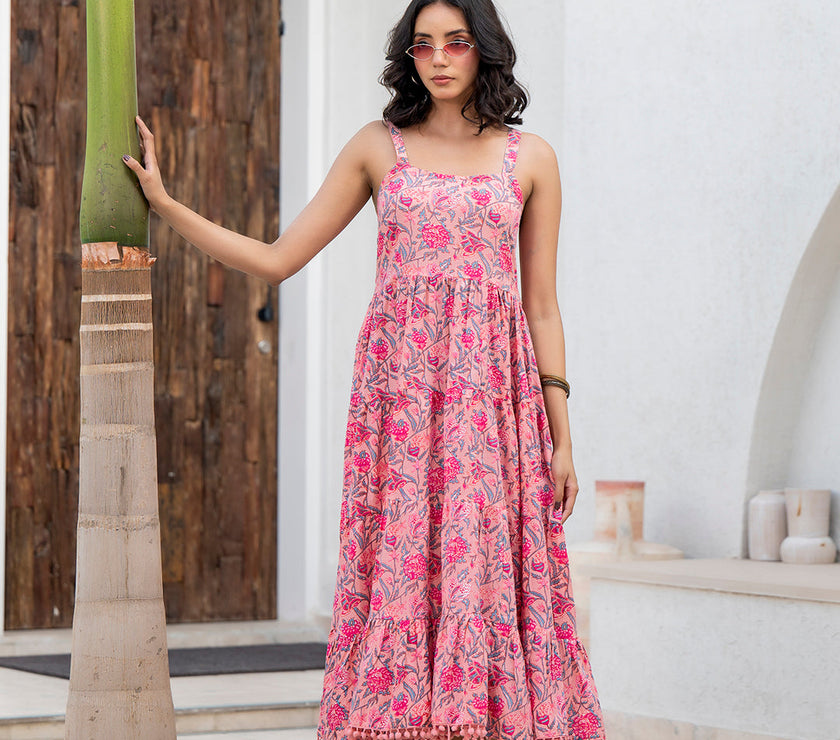 Divena Pink Floral Printed Shoulder Strip Calf Long Ethnic Dress for Women