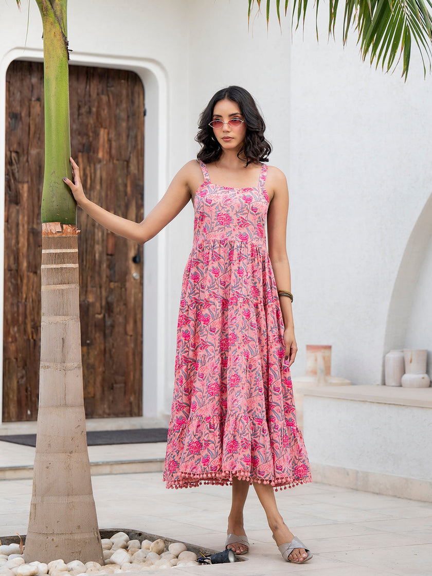 Divena Pink Floral Printed Shoulder Strip Calf Long Ethnic Dress for Women