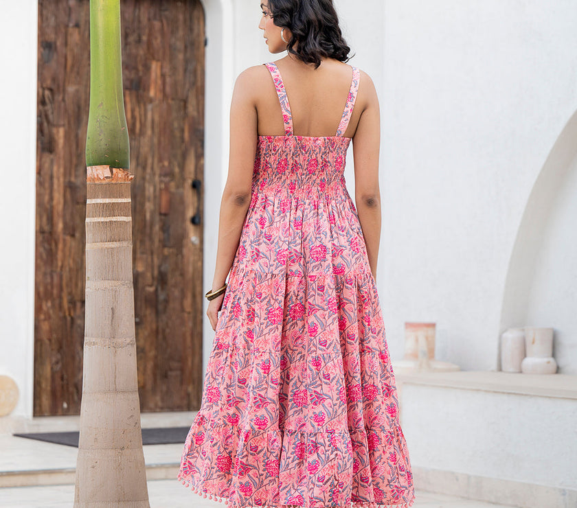 Divena Pink Floral Printed Shoulder Strip Calf Long Ethnic Dress for Women