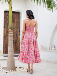 Divena Pink Floral Printed Shoulder Strip Calf Long Ethnic Dress for Women