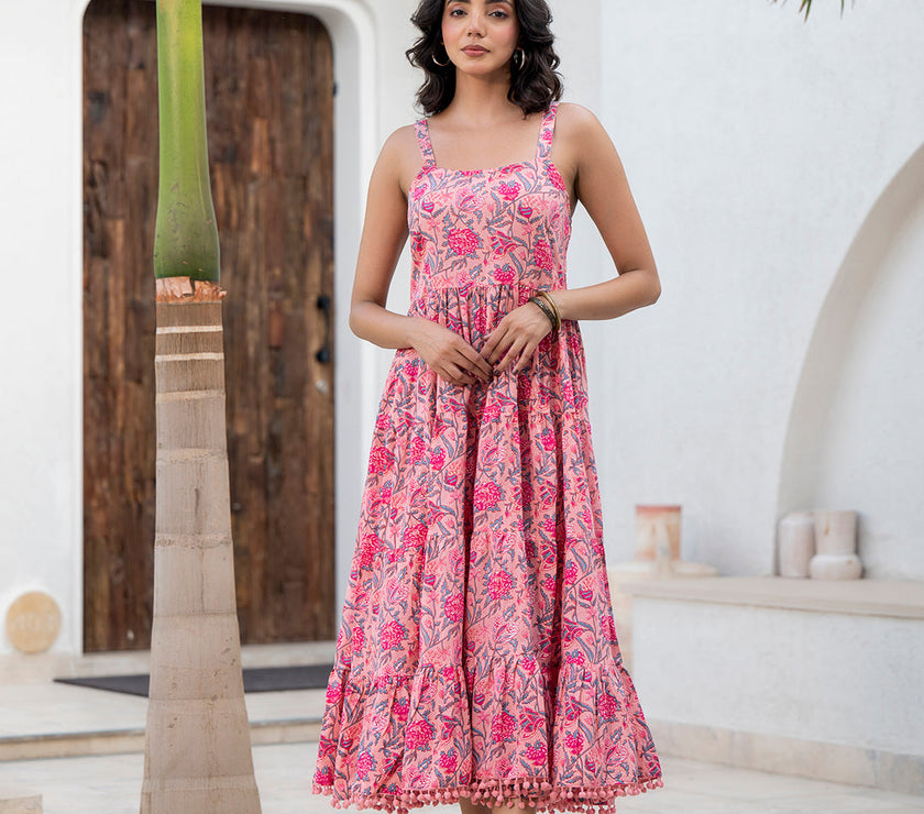 Divena Pink Floral Printed Shoulder Strip Calf Long Ethnic Dress for Women