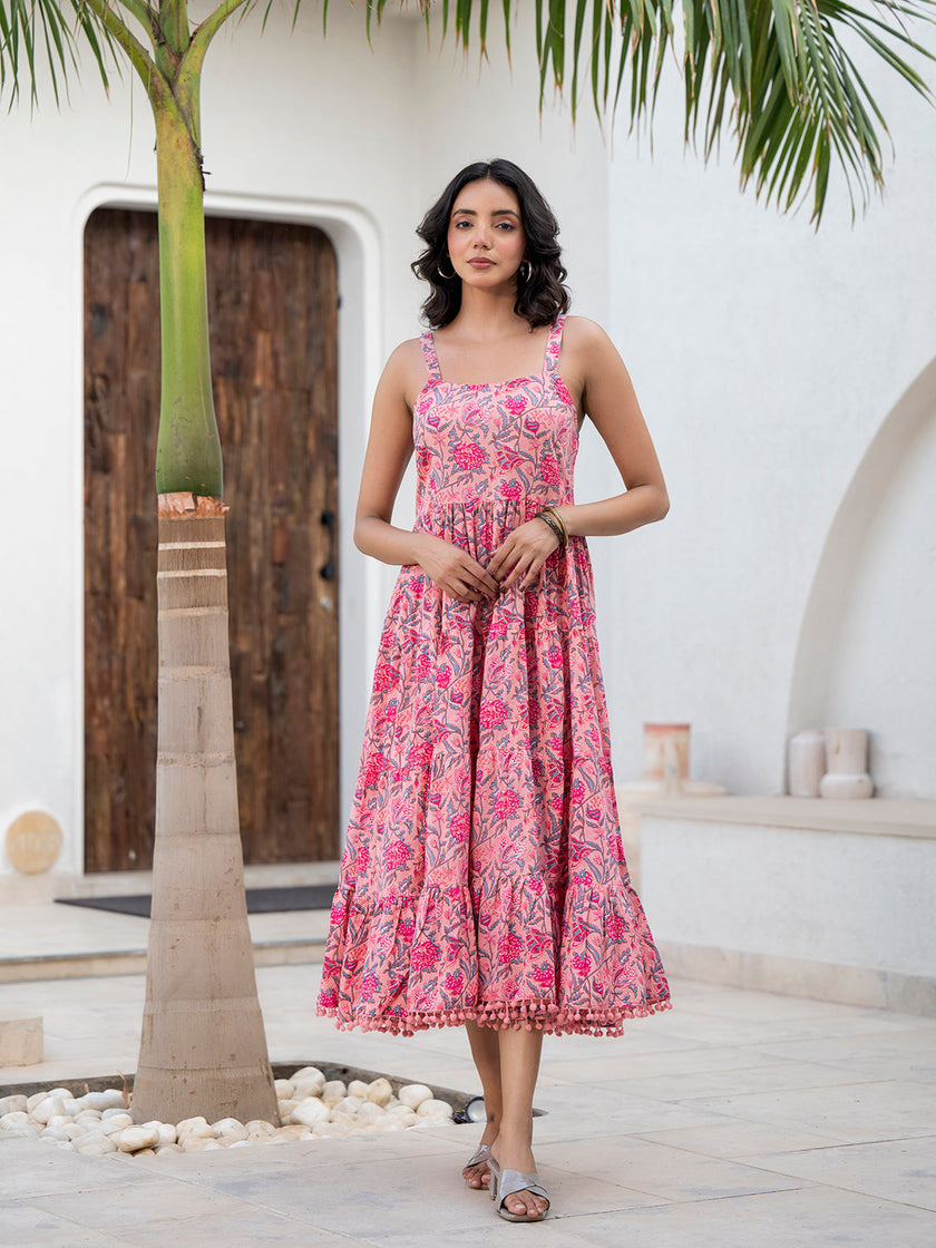 Divena Pink Floral Printed Shoulder Strip Calf Long Ethnic Dress for Women