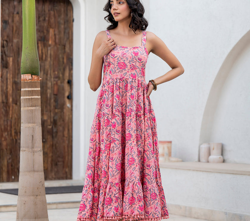 Divena Pink Floral Printed Shoulder Strip Calf Long Ethnic Dress for Women