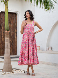 Divena Pink Floral Printed Shoulder Strip Calf Long Ethnic Dress for Women