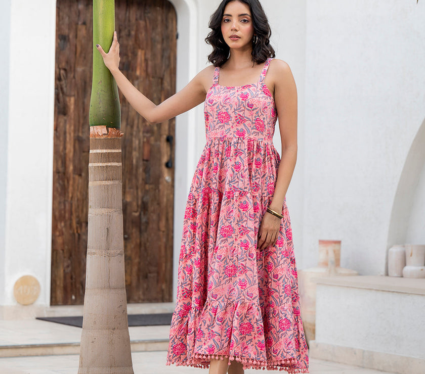 Divena Pink Floral Printed Shoulder Strip Calf Long Ethnic Dress for Women