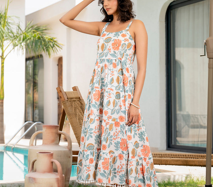 Divena White Floral Printed Shoulder Strip Calf Long Dress