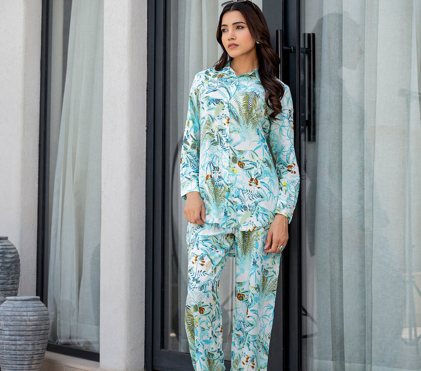 Divena Sky Blue Floral Printed Rayon Co-ord Set