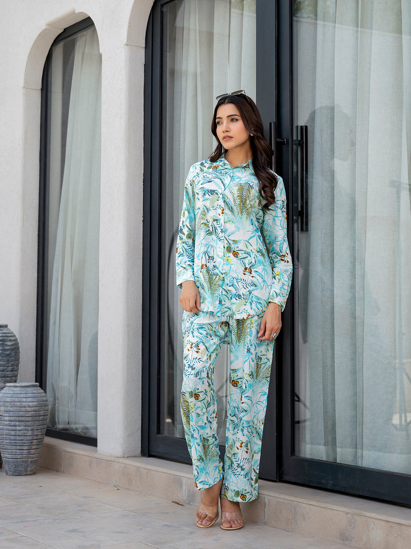 Divena Sky Blue Floral Printed Rayon Co-ord Set