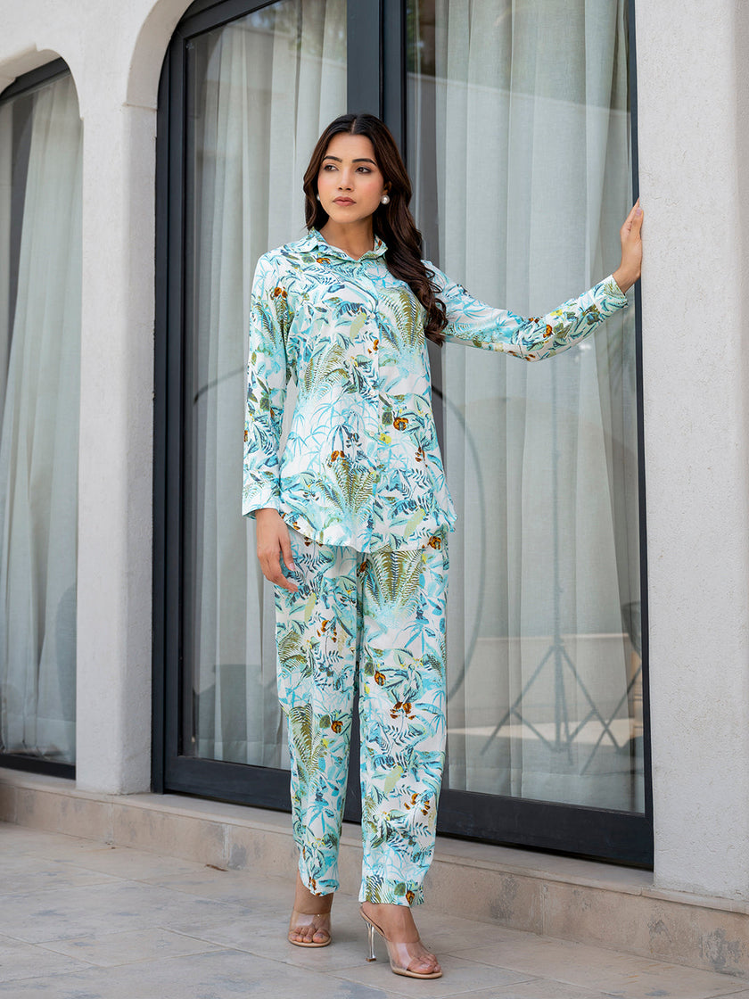 Divena Sky Blue Floral Printed Rayon Co-ord Set