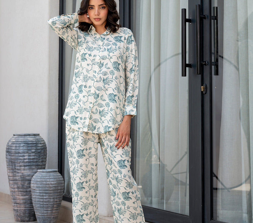 Divena White & Green Floral Printed Rayon Co-ord Set