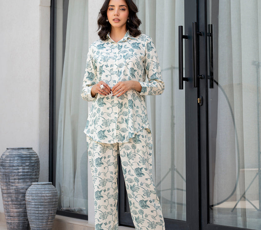 Divena White & Green Floral Printed Rayon Co-ord Set