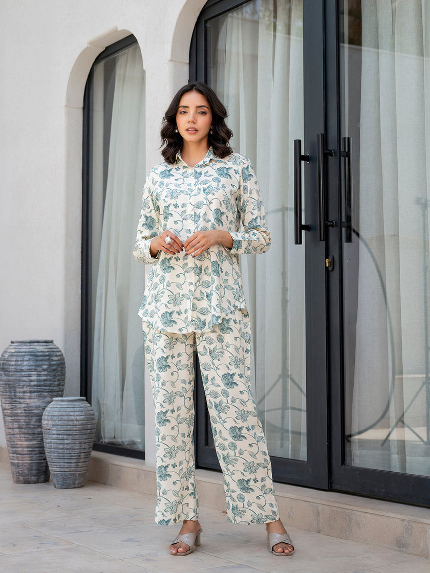 Divena White & Green Floral Printed Rayon Co-ord Set