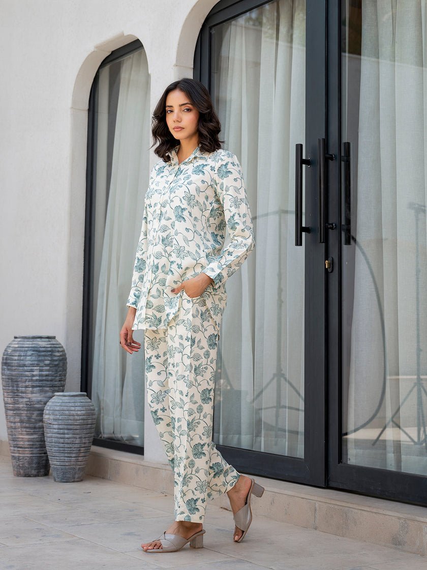 Divena White & Green Floral Printed Rayon Co-ord Set