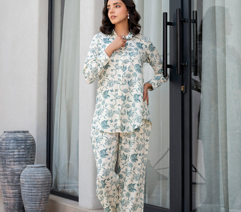 Divena White & Green Floral Printed Rayon Co-ord Set