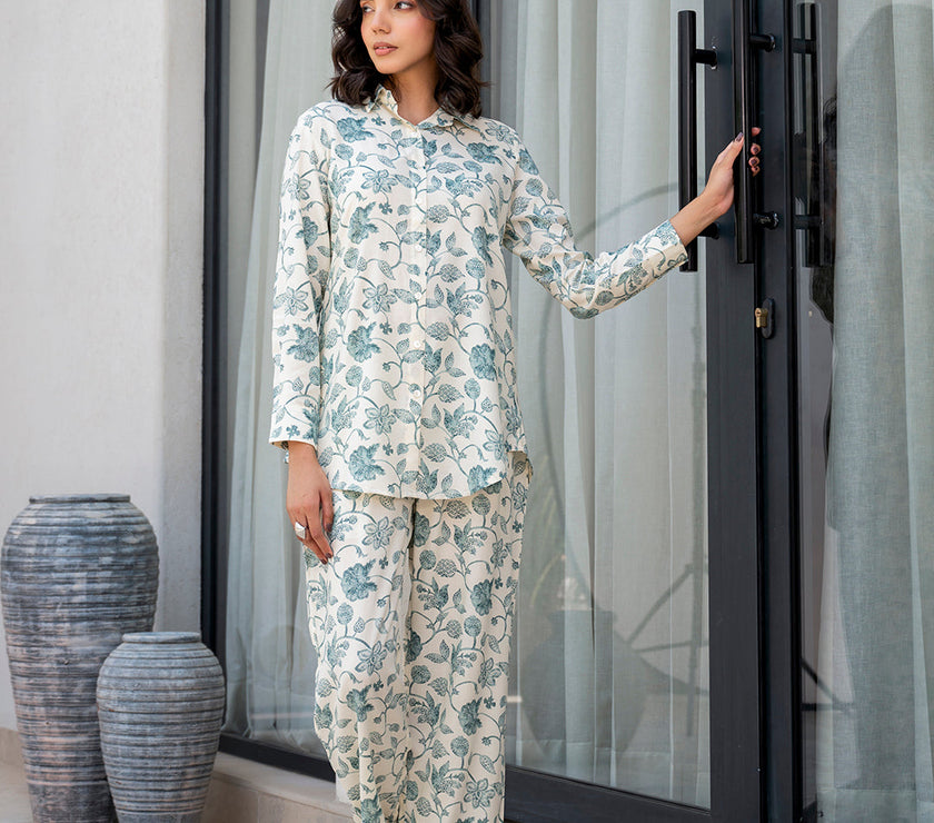 Divena White & Green Floral Printed Rayon Co-ord Set