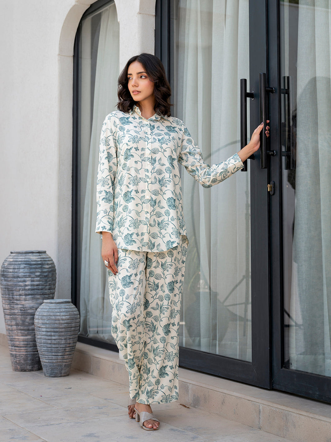 Divena White & Green Floral Printed Rayon Co-ord Set