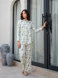 Divena White & Green Floral Printed Rayon Co-ord Set