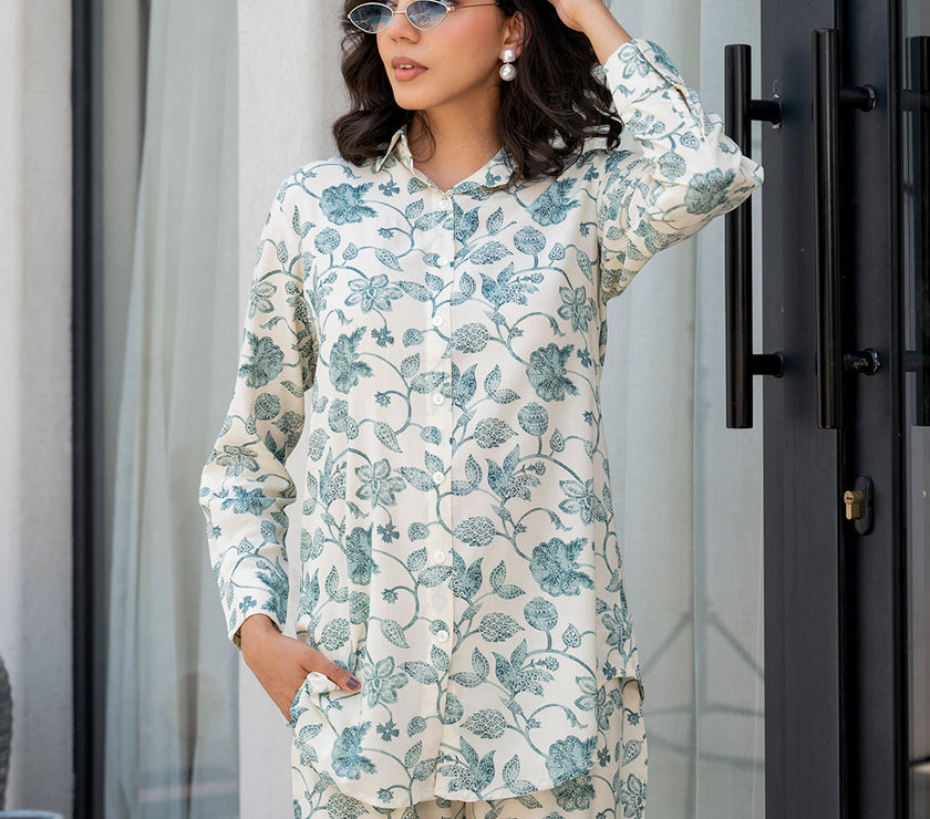 Divena White & Green Floral Printed Rayon Co-ord Set