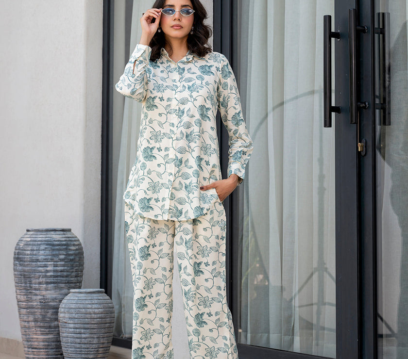 Divena White & Green Floral Printed Rayon Co-ord Set