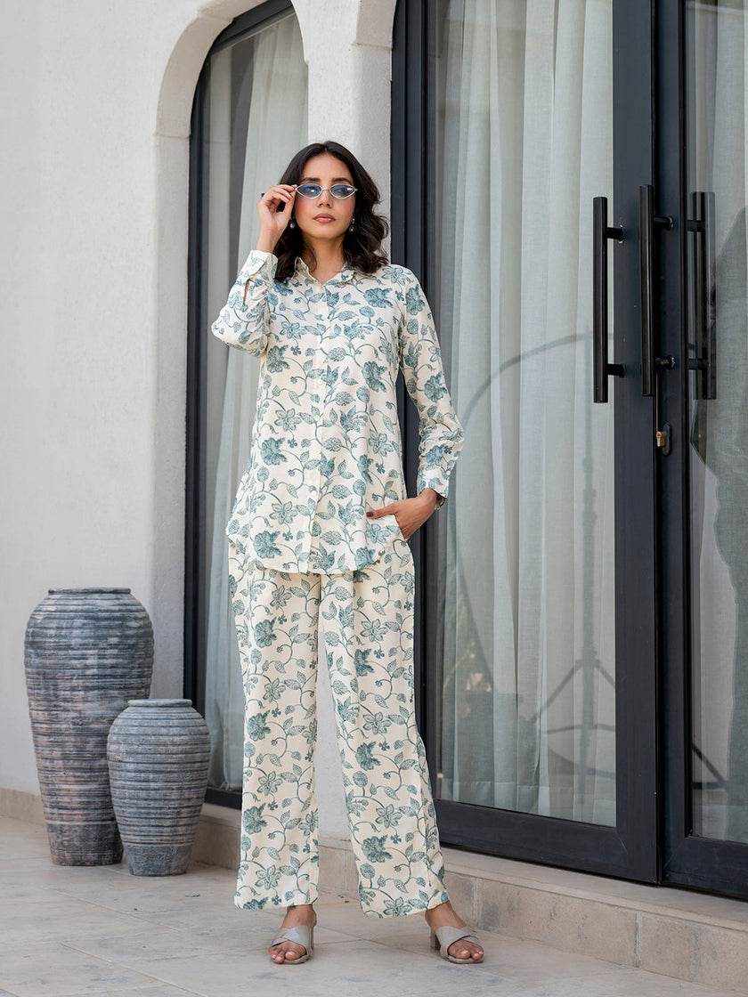 Divena White & Green Floral Printed Rayon Co-ord Set