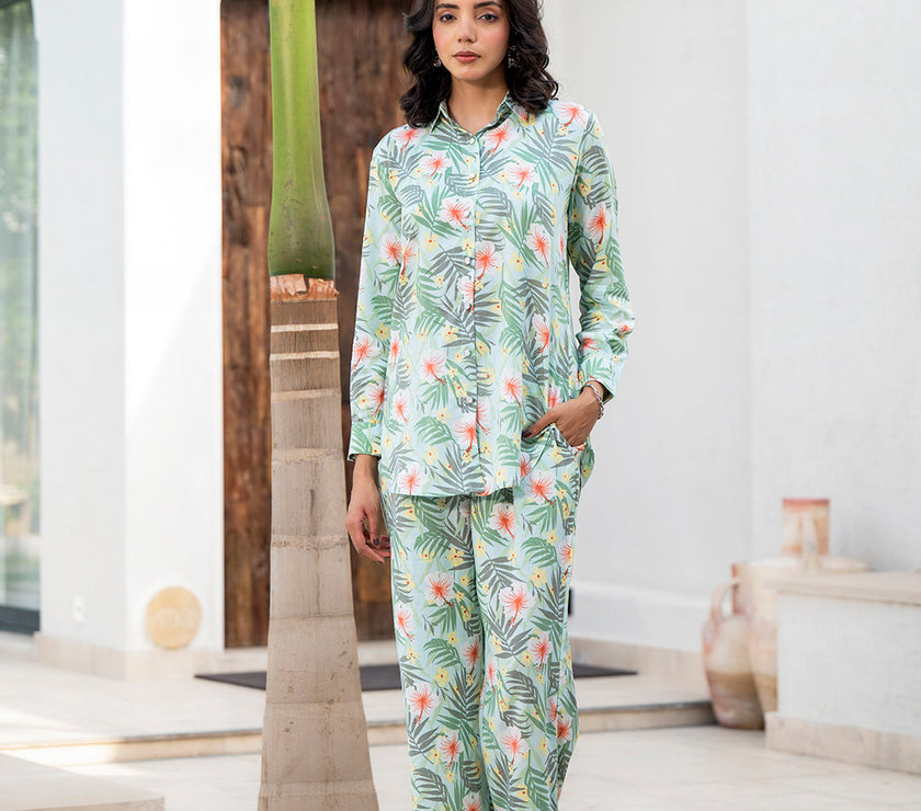 Divena Sky Blue Floral Printed Rayon Co-ord Set