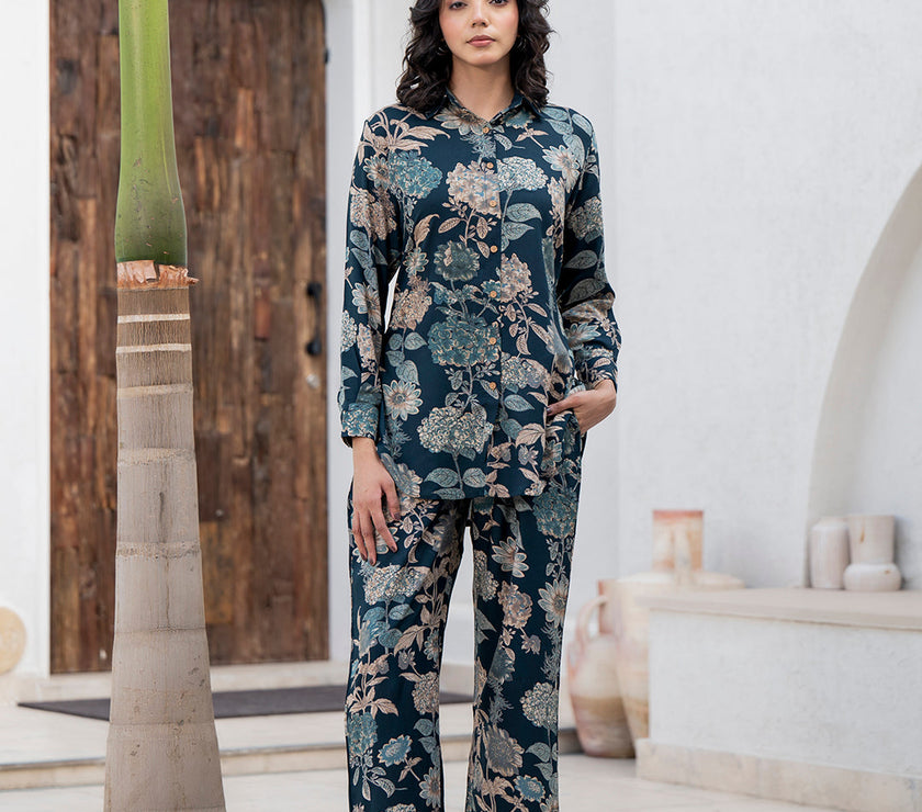 Divena Bottle green Floral Printed Rayon Co-ord Set for Women