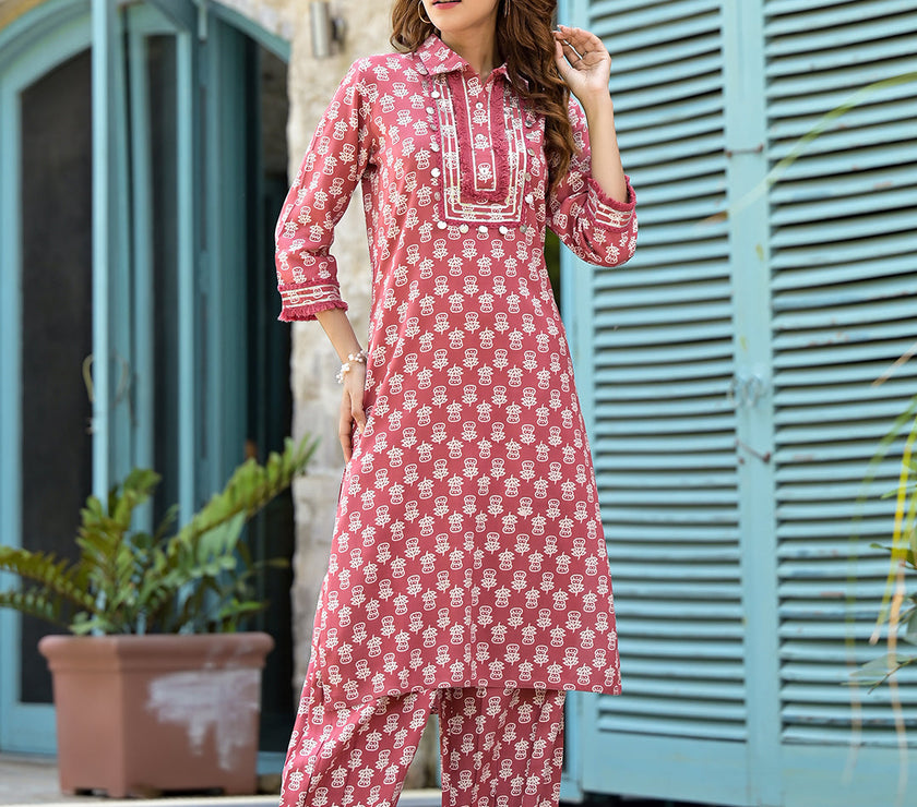 Divena Peach Cotton Straight Knee Long Co-Ord Set or Pathani Suit