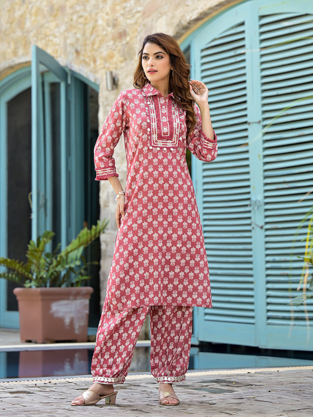 Divena Peach Cotton Straight Knee Long Co-Ord Set or Pathani Suit