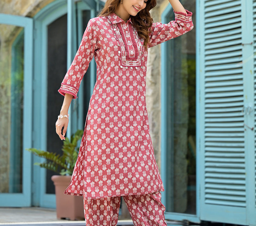 Divena Peach Cotton Straight Knee Long Co-Ord Set or Pathani Suit