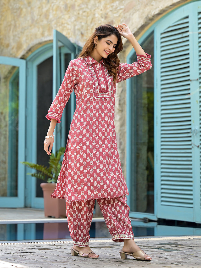 Divena Peach Cotton Straight Knee Long Co-Ord Set or Pathani Suit