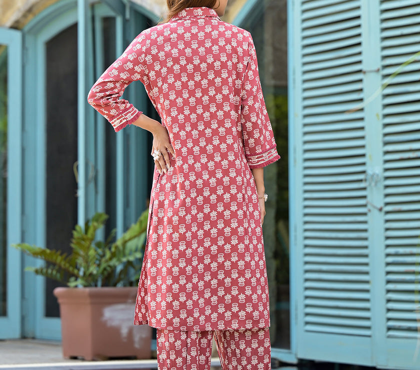 Divena Peach Cotton Straight Knee Long Co-Ord Set or Pathani Suit