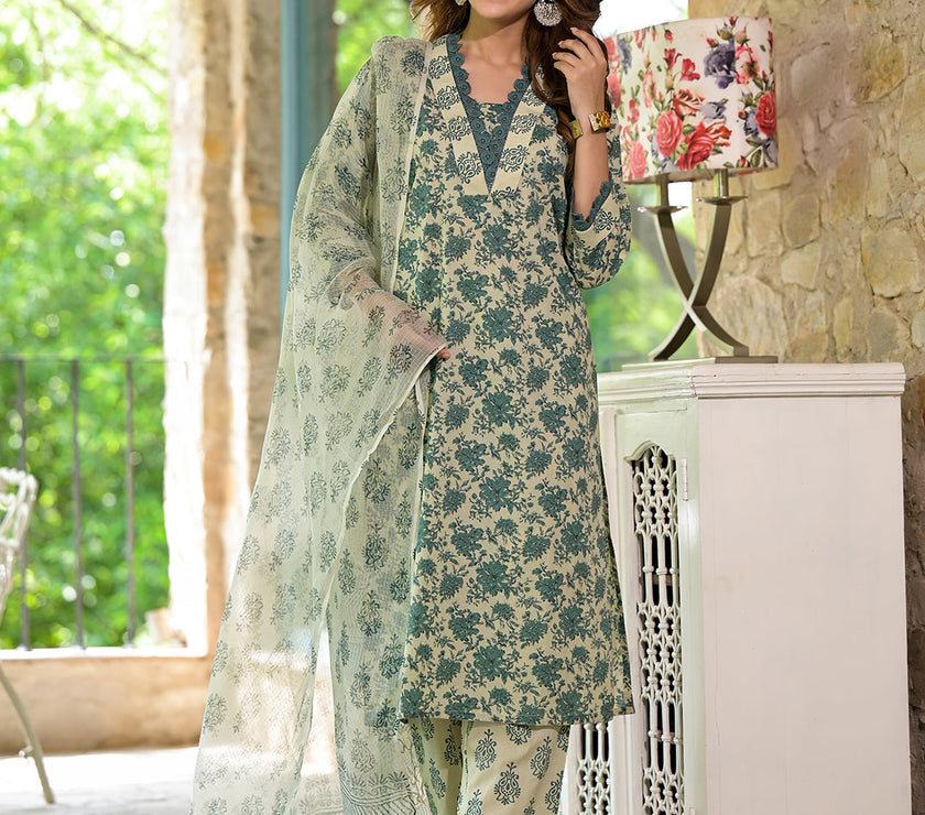 Divena Bottle Green Floral Print Cotton Kurta Set for Women