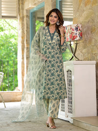 Divena Bottle Green Floral Print Cotton Kurta Set for Women