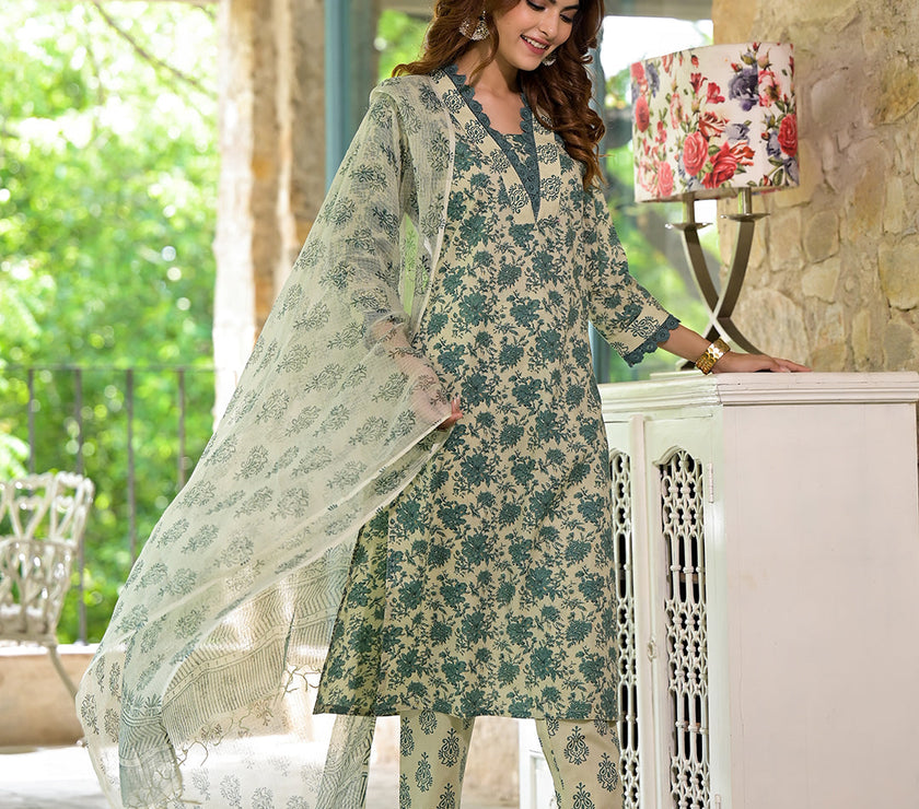 Divena Bottle Green Floral Print Cotton Kurta Set for Women