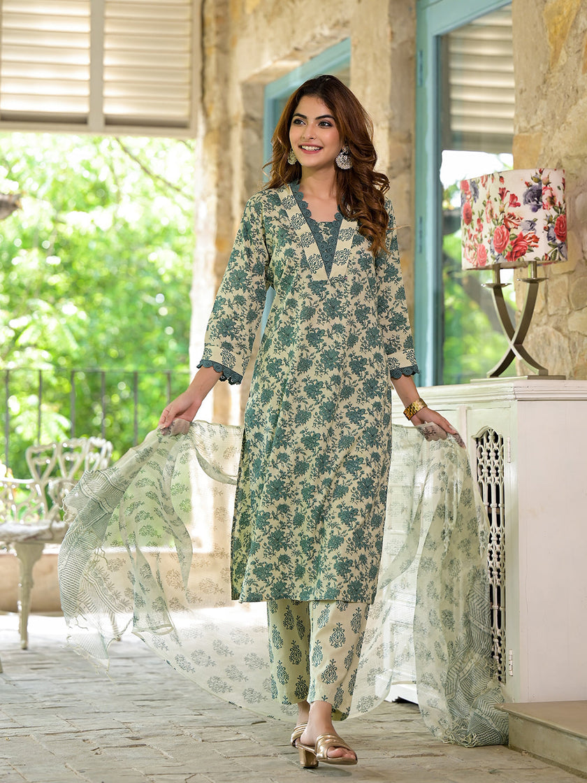 Divena Bottle Green Floral Print Cotton Kurta Set for Women