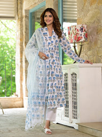 Divena White & Blue Floral HandBlock Cotton Anarkali Cotton Kurta Set